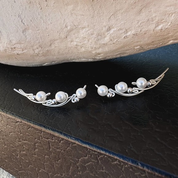 WING EAR CLIMBERS WITH PEARLS - STERLING SILVER 925 - Picture 3 of 4